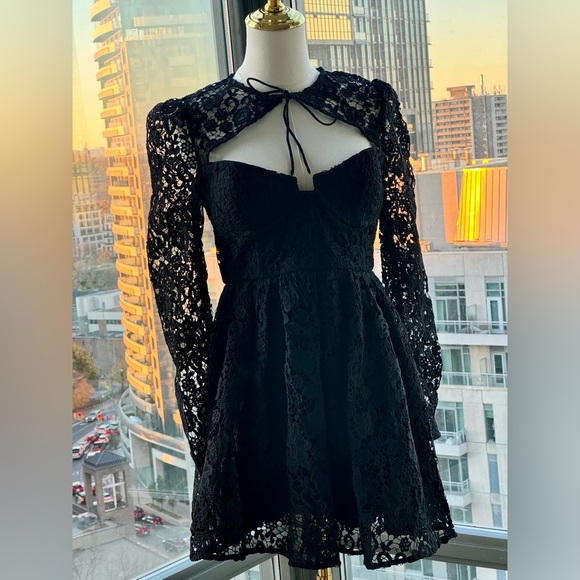 🆕 SELF-PORTRAIT 🧿 BNWOT Black Lace Tie-Neck Minidress, Sz US 6 / UK 10 - Picture 4 of 15